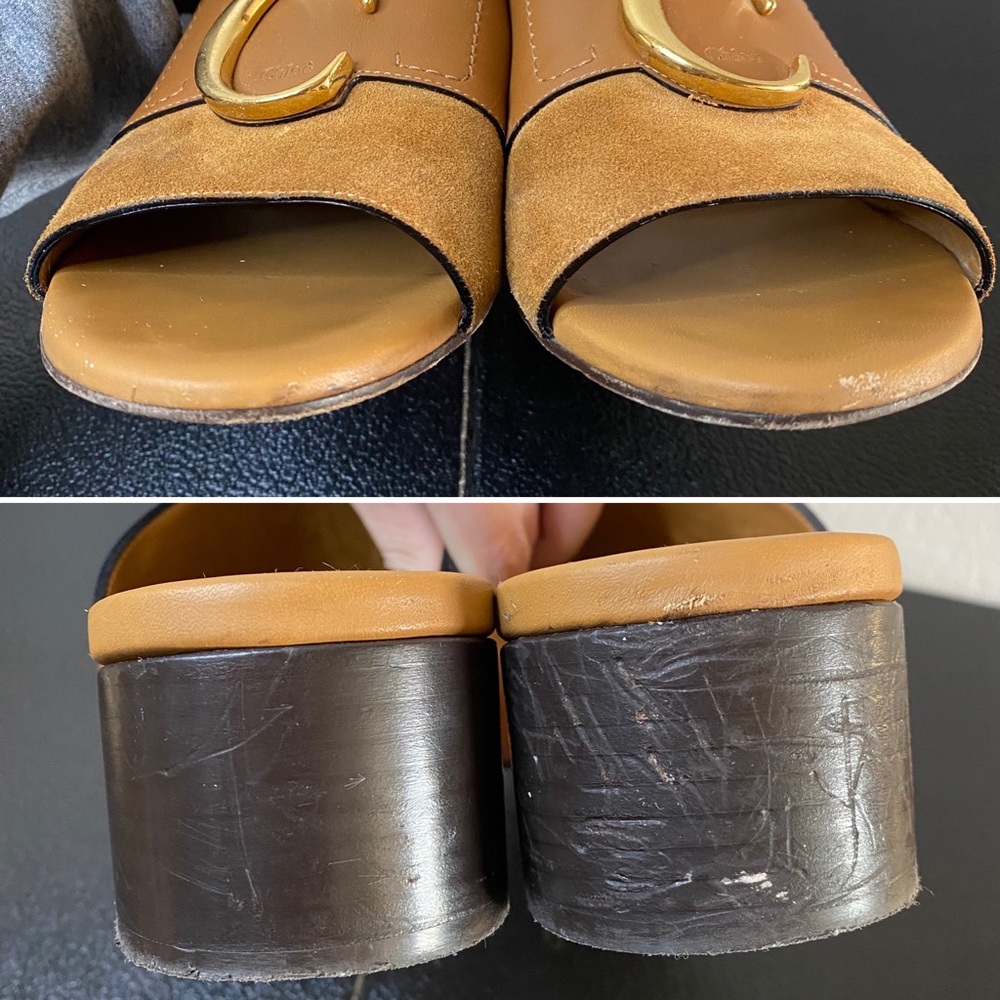 CHLOÉ camel tan C logo embellished leather heeled mules 39 - Picture 9 of 15